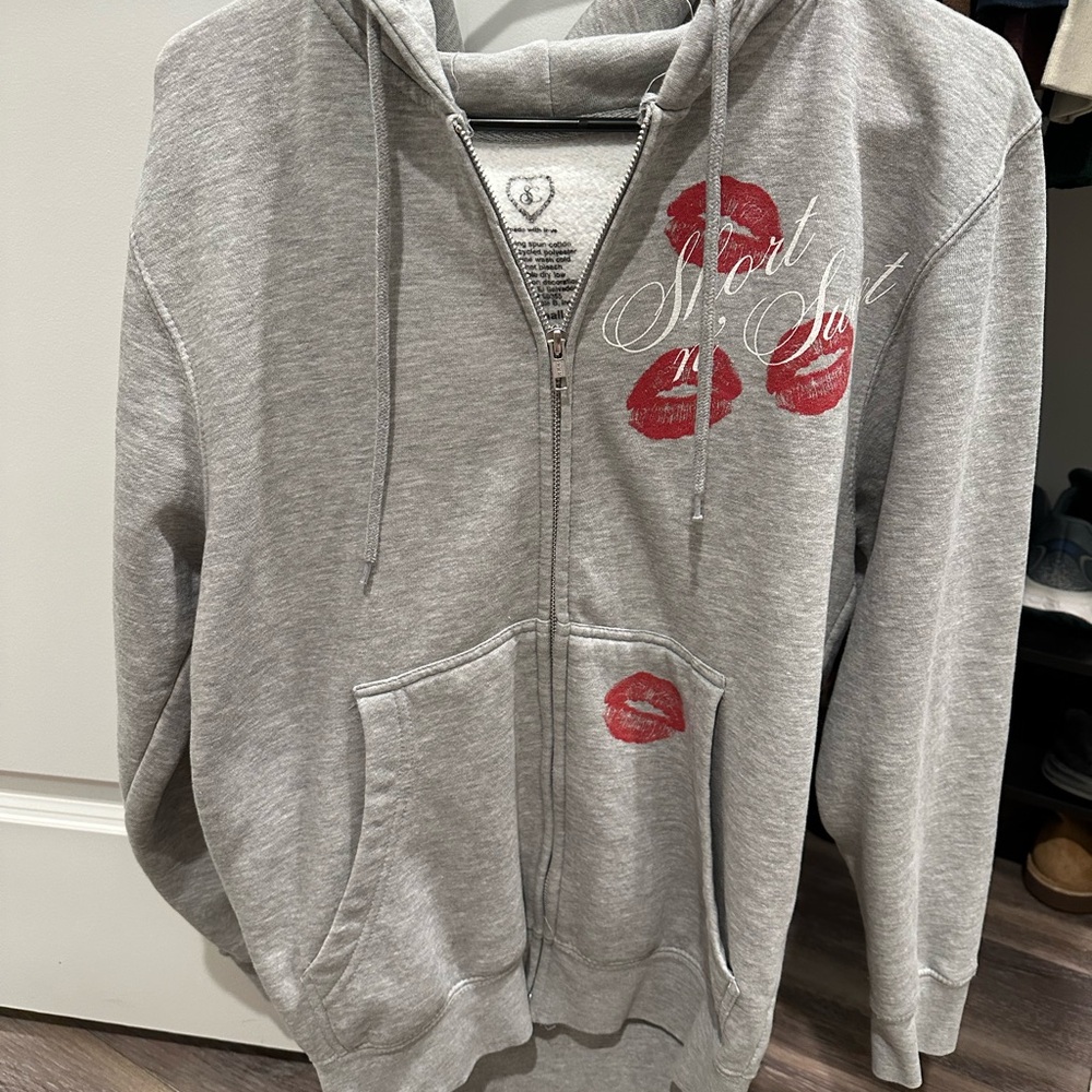 Gray Sporty Zip-Up Hoodie with Red Accents